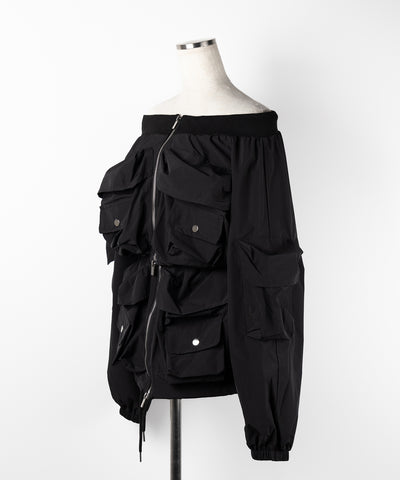 【 セットアップ 】アウトポケットオフショルカーゴブルゾン & ダブルジップカーゴミニスカート SET / out pocket off shoulder cargo blouson & double zip cargo mini skirt SET