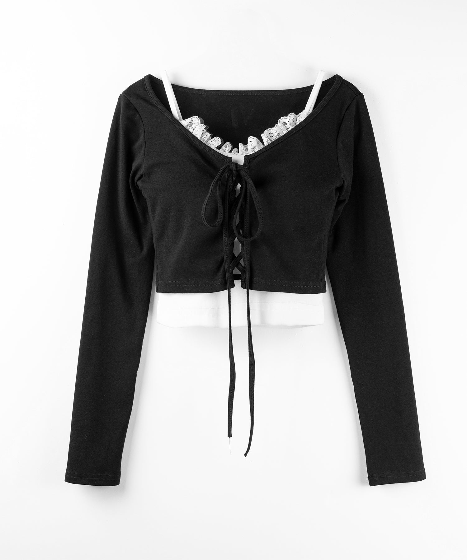 【 新色ピンクが追加!/2点セット 】レースアップリボンショートトップス + レースキャミ SET / lace up ribbon short tops + lace cami SET