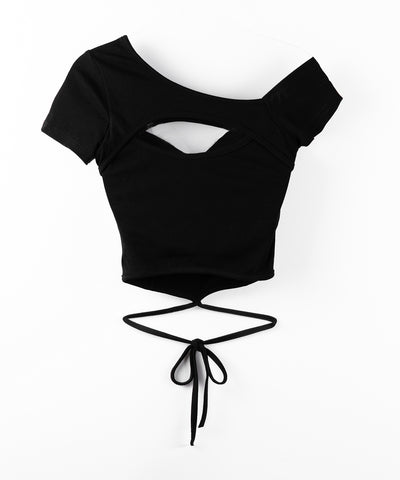 胸開きカットアウトクロスストラップワンショルダーTシャツ / open chest cutout cross strap one shoulder T-shirts