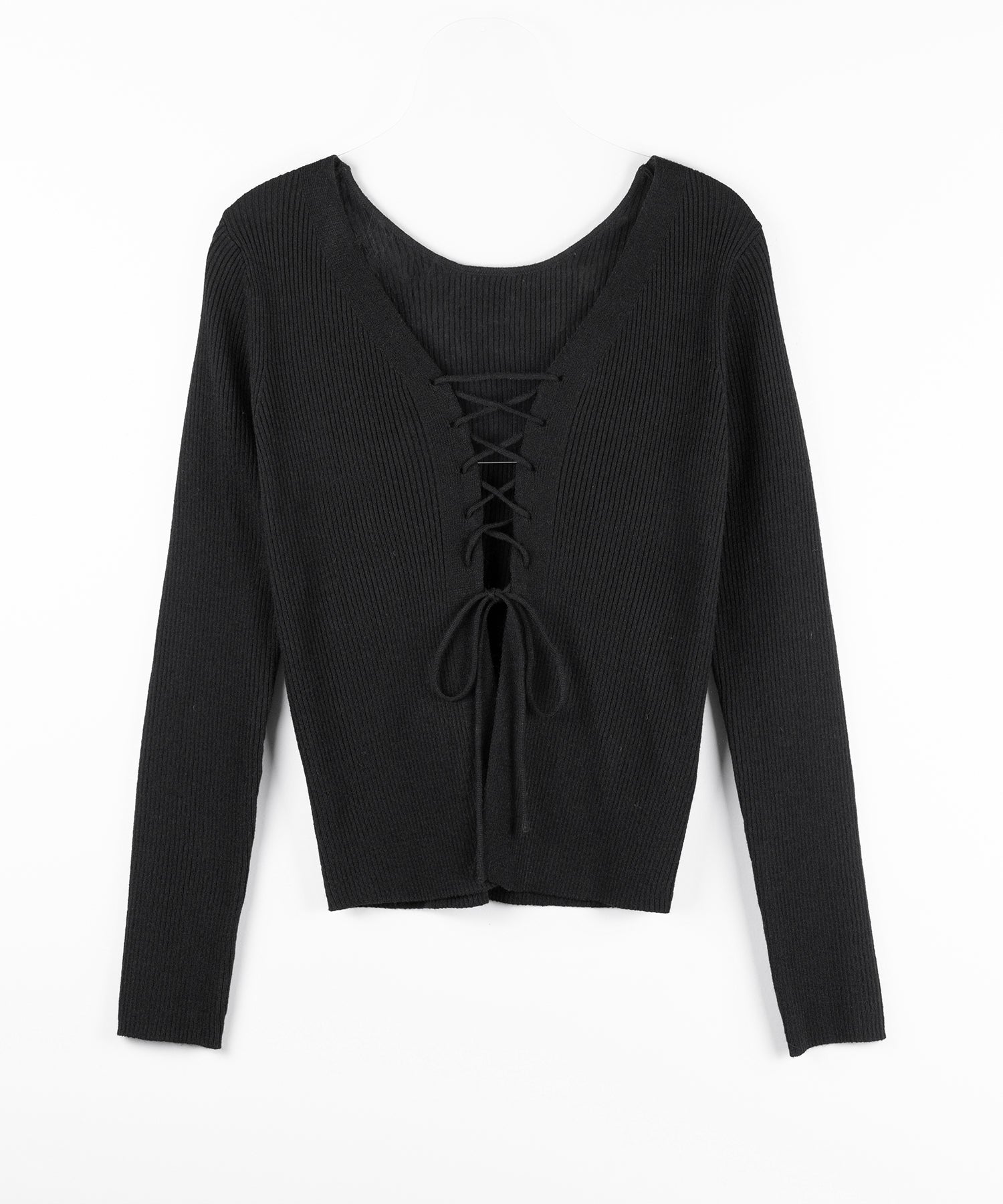 【 3color 】レースアップリボンリブニットカーディガン / lace up ribbon rib knit cardigan