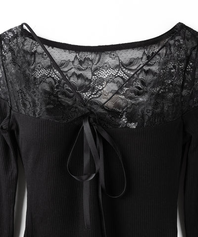 クロスストラップレース切替リブトップス / cross strap lace switching ribbed tops