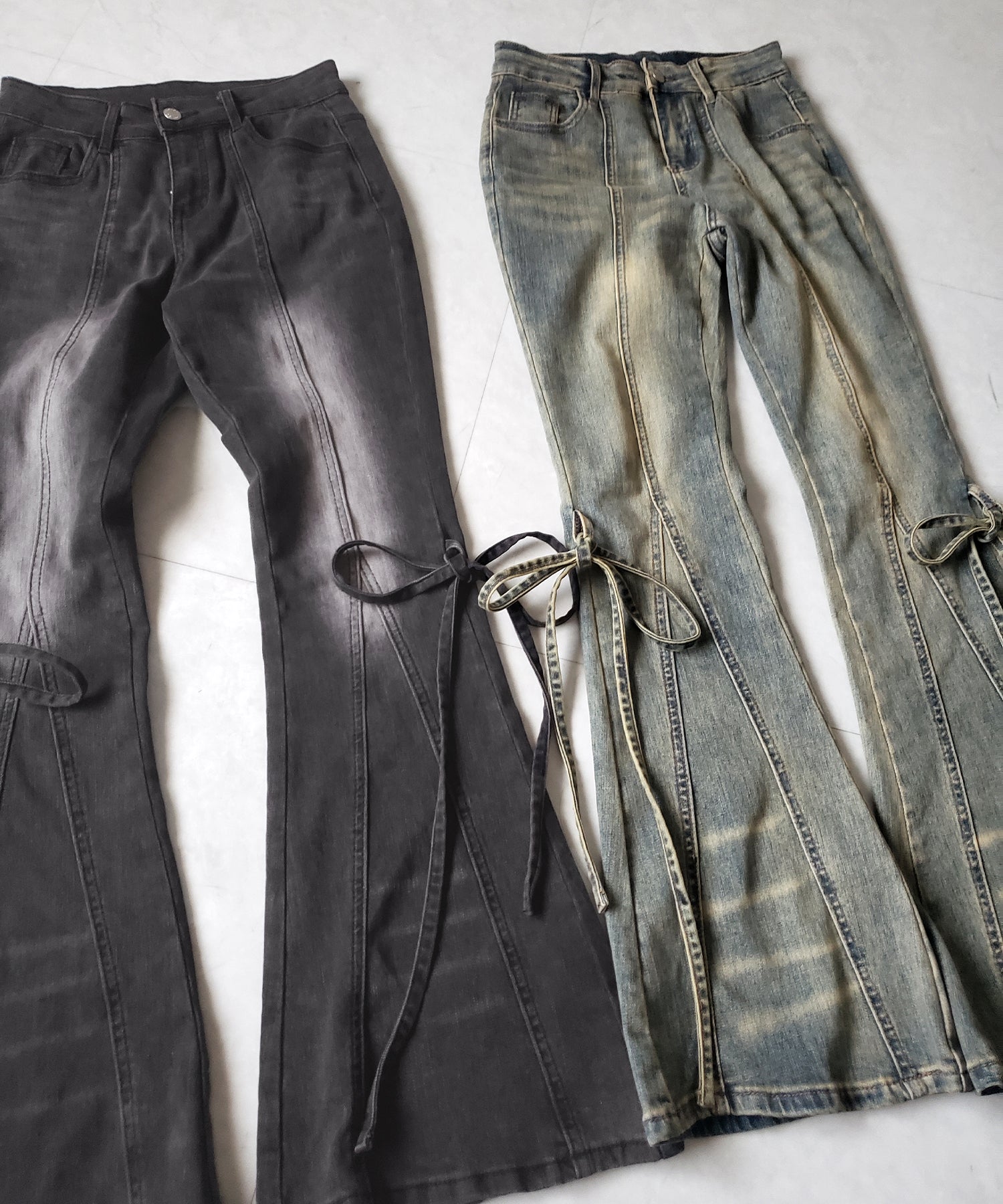【 2color / 4size 】ストラップリボンヴィンテージストレッチフレアデニム / strap ribbon vintage stretch flare denim