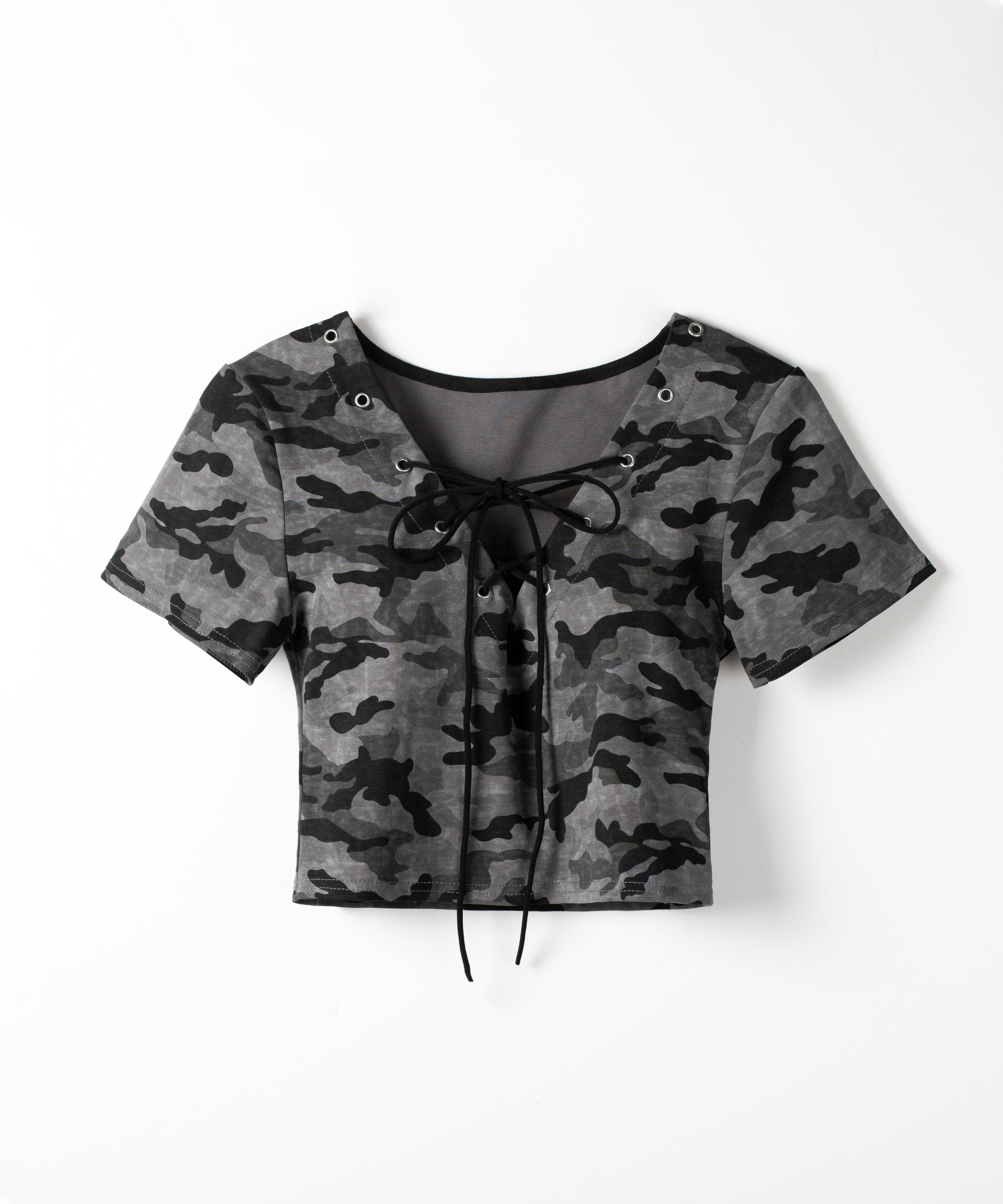 ヴィンテージカモフラレースアップショートTシャツ / Vintage camouflage lace-up short T-shirt