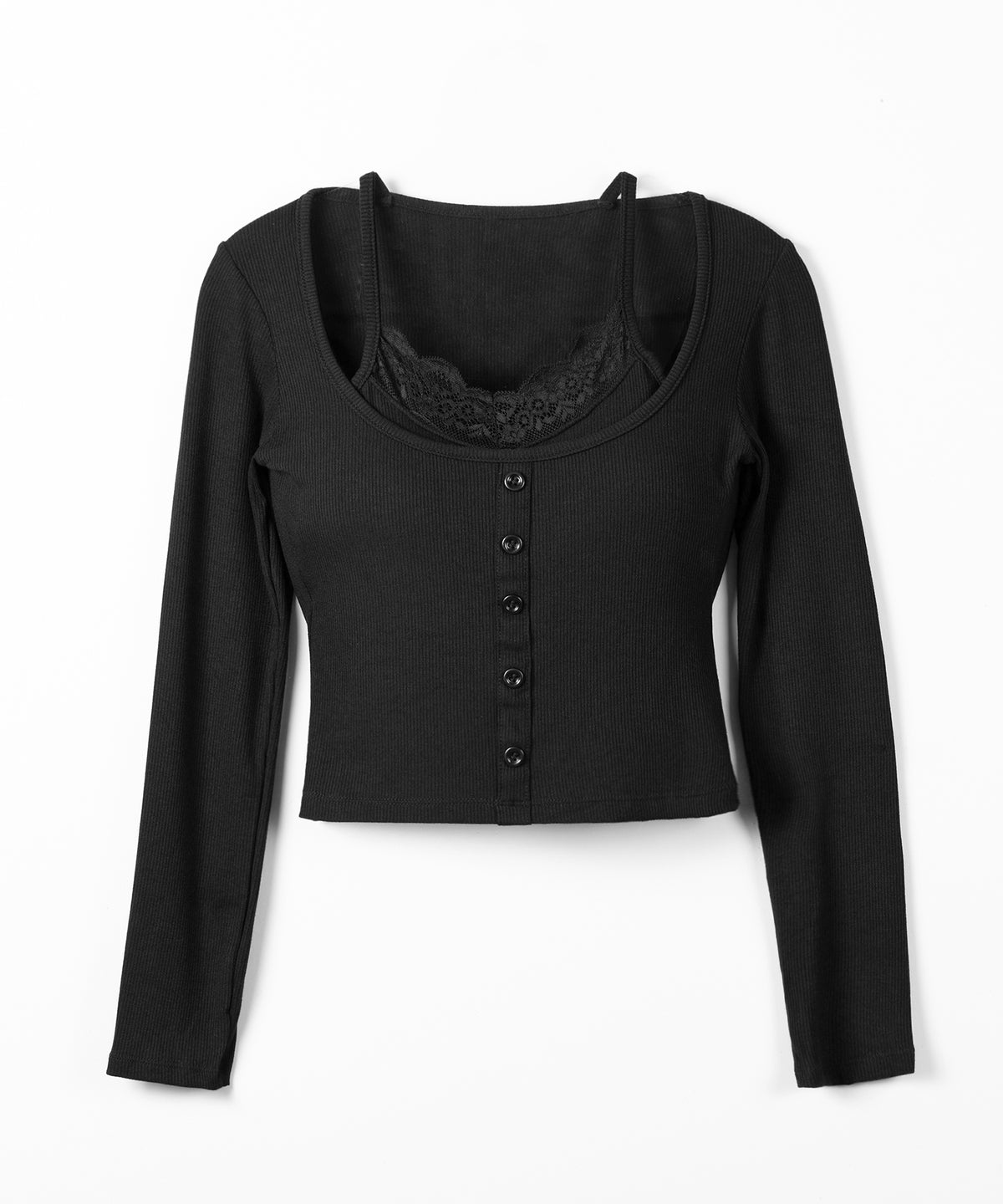 レースキャミスクエアネック長袖リブTシャツ / Lace camisole square neck long-sleeve ribbed T-shirt