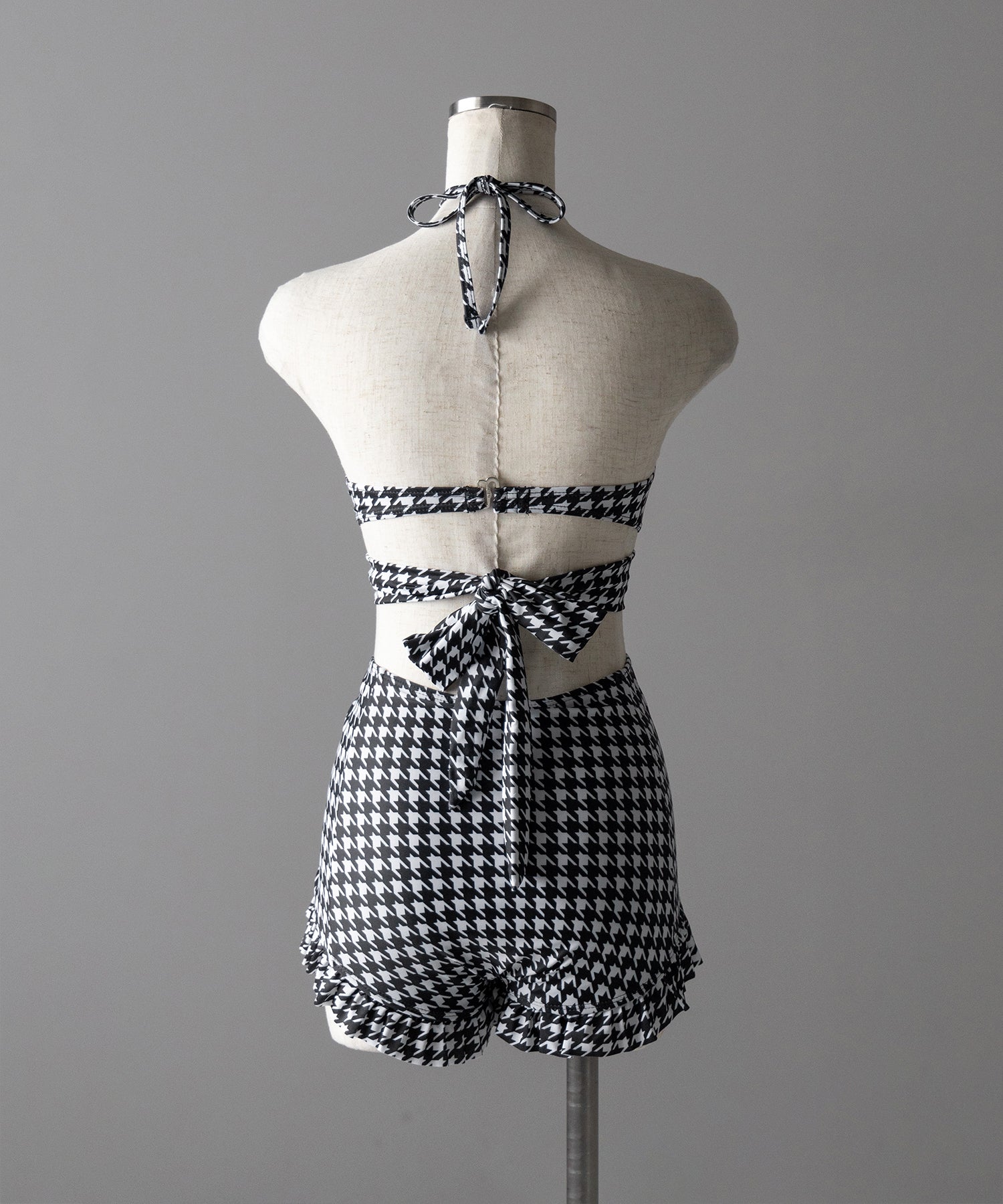【 レディース水着/2点セット 】千鳥格子柄クロスウエストリボンハイウエストビキニ / houndstooth pattern cross waist ribbon high waist bikini