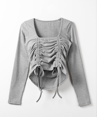 ダブルシャーリングリボンスクエアネックトップス / double shirring ribbon square neck tops