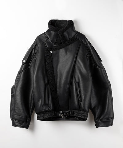 【 2color 】フェイクレザーベルテッドボアムートンジャケット / fake leather belted boa mouton jacket