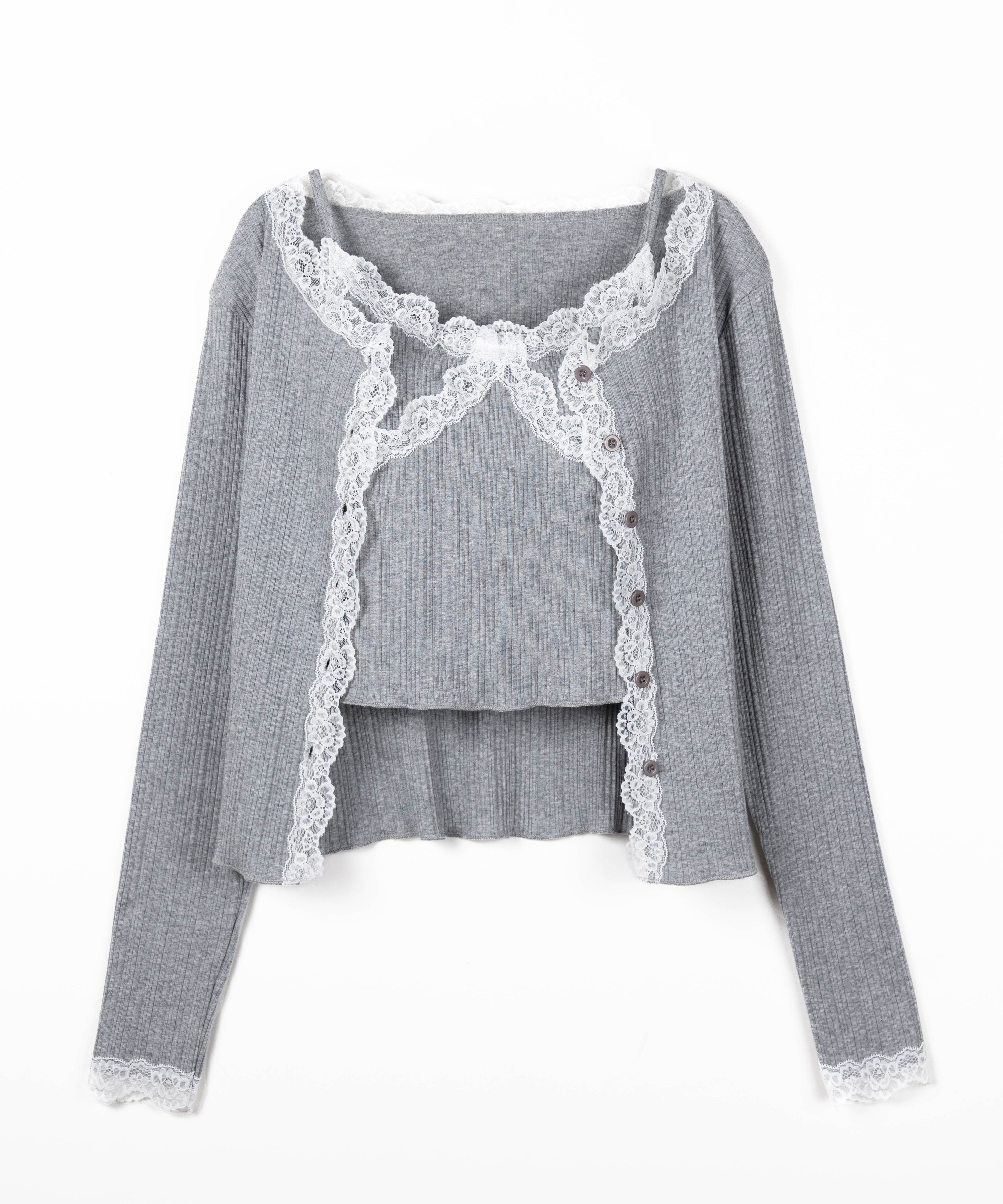 【 2点セット 】レースドッキングリブキャミソール + カーディガンセット / lace docking lib camisole + cardigan SET