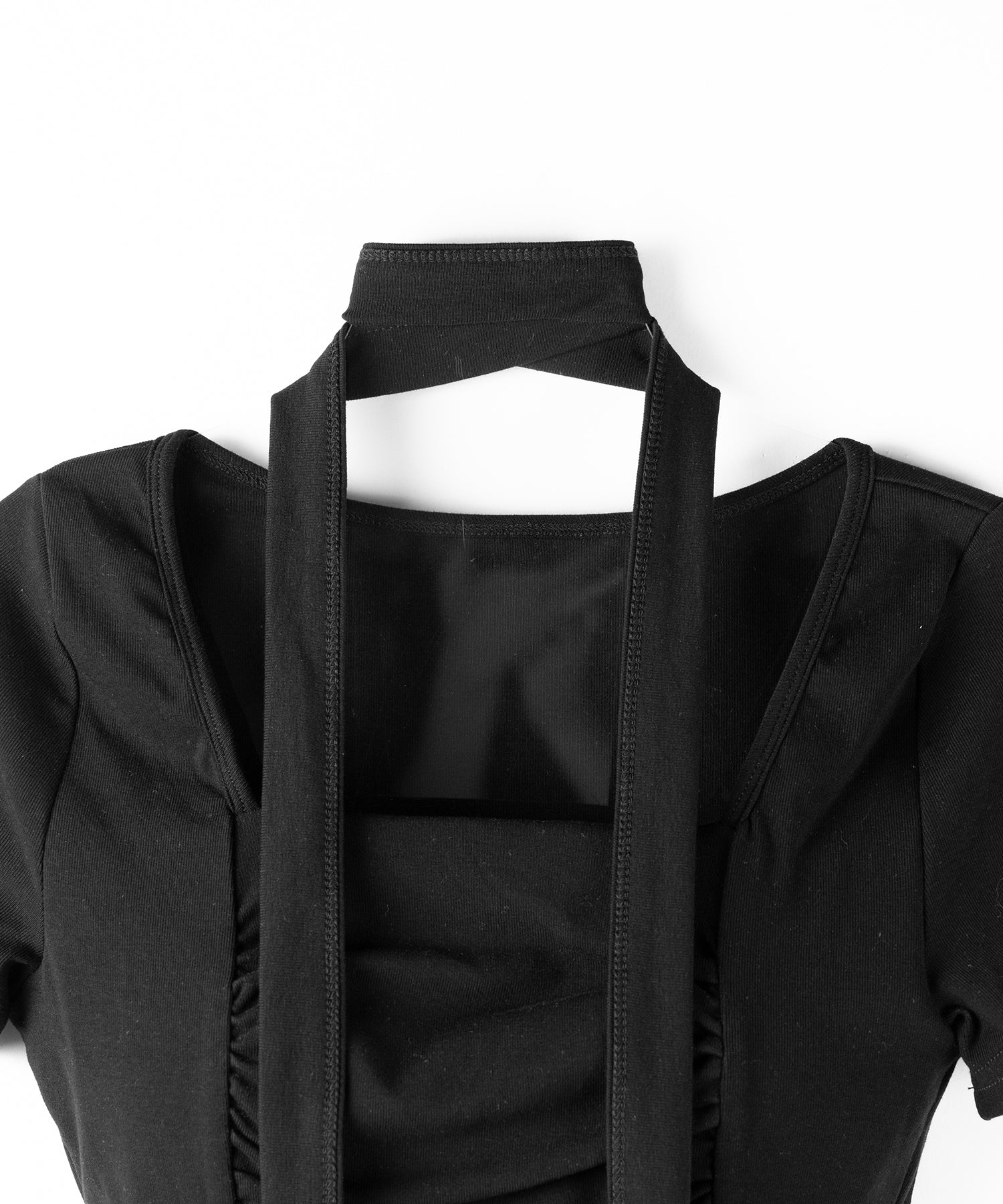 【 2WAY 】チョーカーロングタイ付き スクエアネックギャザースリムTシャツ / choker long tie SET square neck gather slim sleeve T-shirt