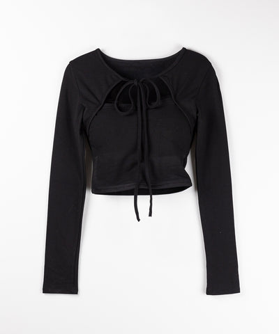 【 2WAY / 裏起毛 】フロントリボンカットアウトドッキングショートトップス / front ribbon cutout docking short tops