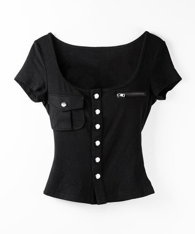 アウトポケットスクエアネックスリムTシャツ /Out pocket square neck slim T-shirt