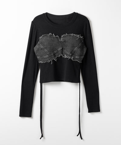 サイドリボンダメージデニムドッキングTシャツ / side ribbon damage denim docking Tee