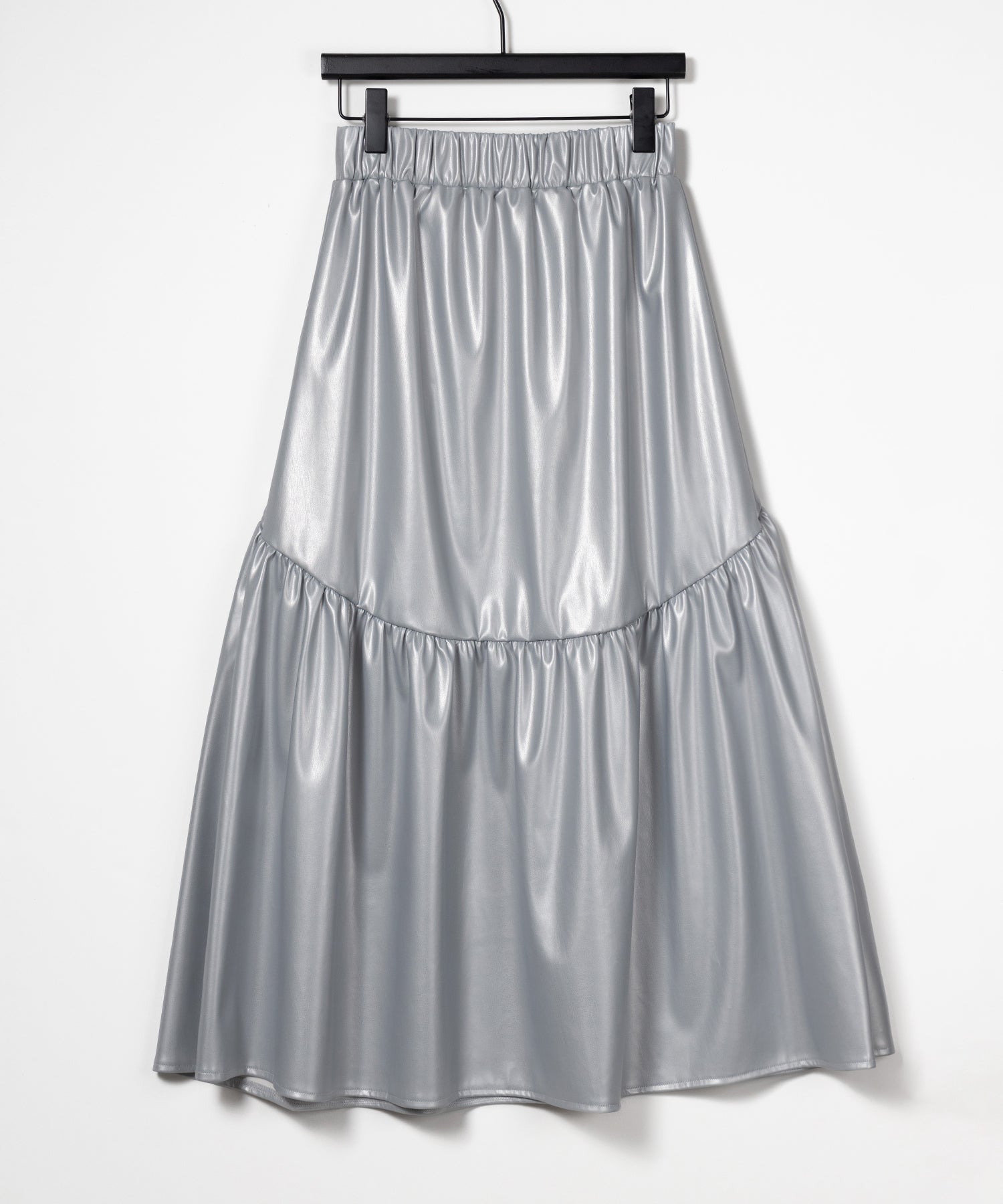 【 2color 】メタリックフェイクレザーギャザーフレアスカート / metallic fake leather gather flare skirt