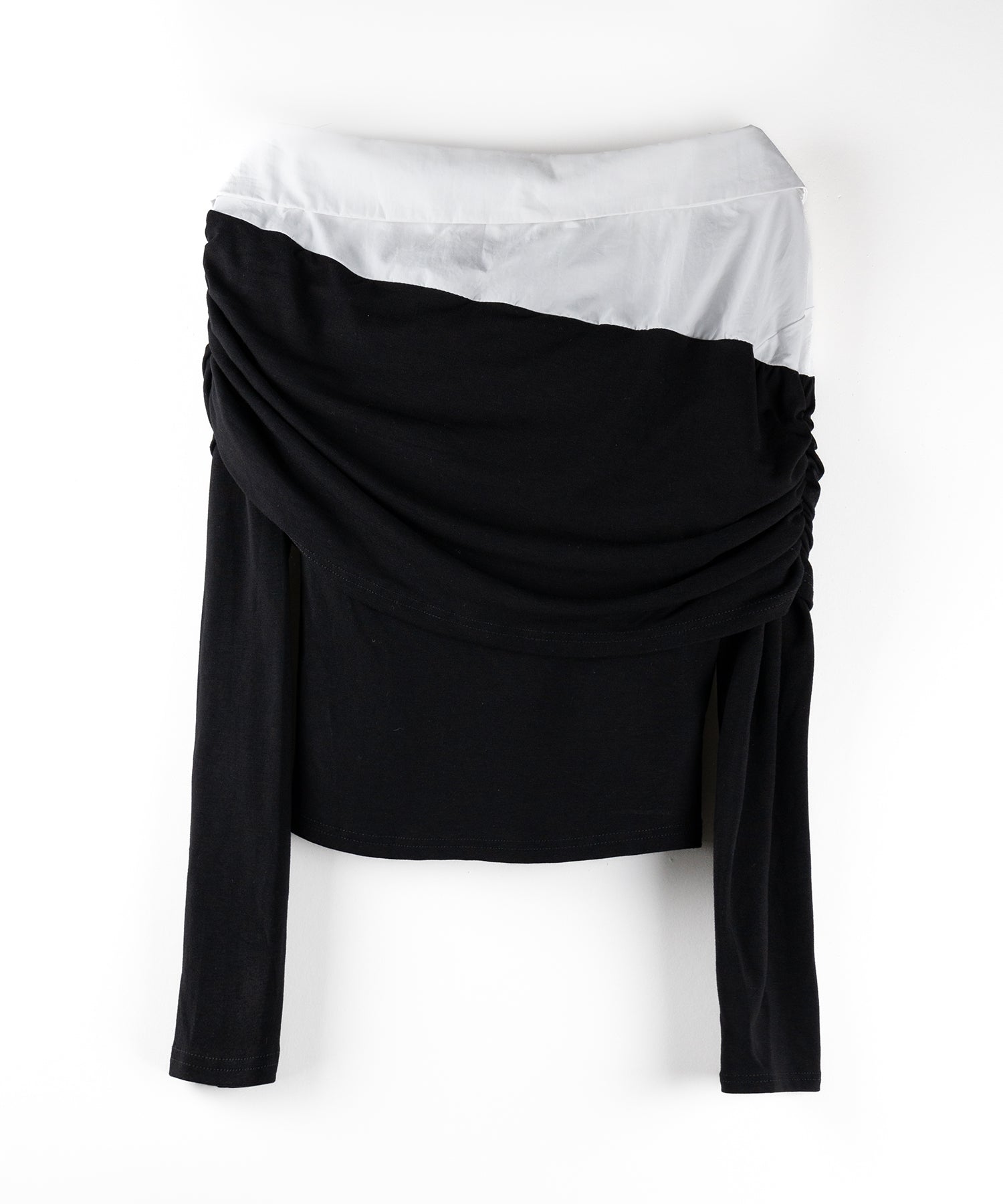 【 2color 】シャツドッキングワイドオフショルトップス / shirt docking wide off shoulder tops