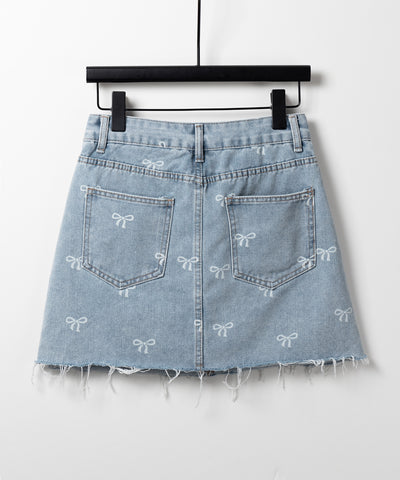 【 インパン裏地付き 】リボンプリントダメージデニムミニスカート / ribbon print damage denim mini skirt