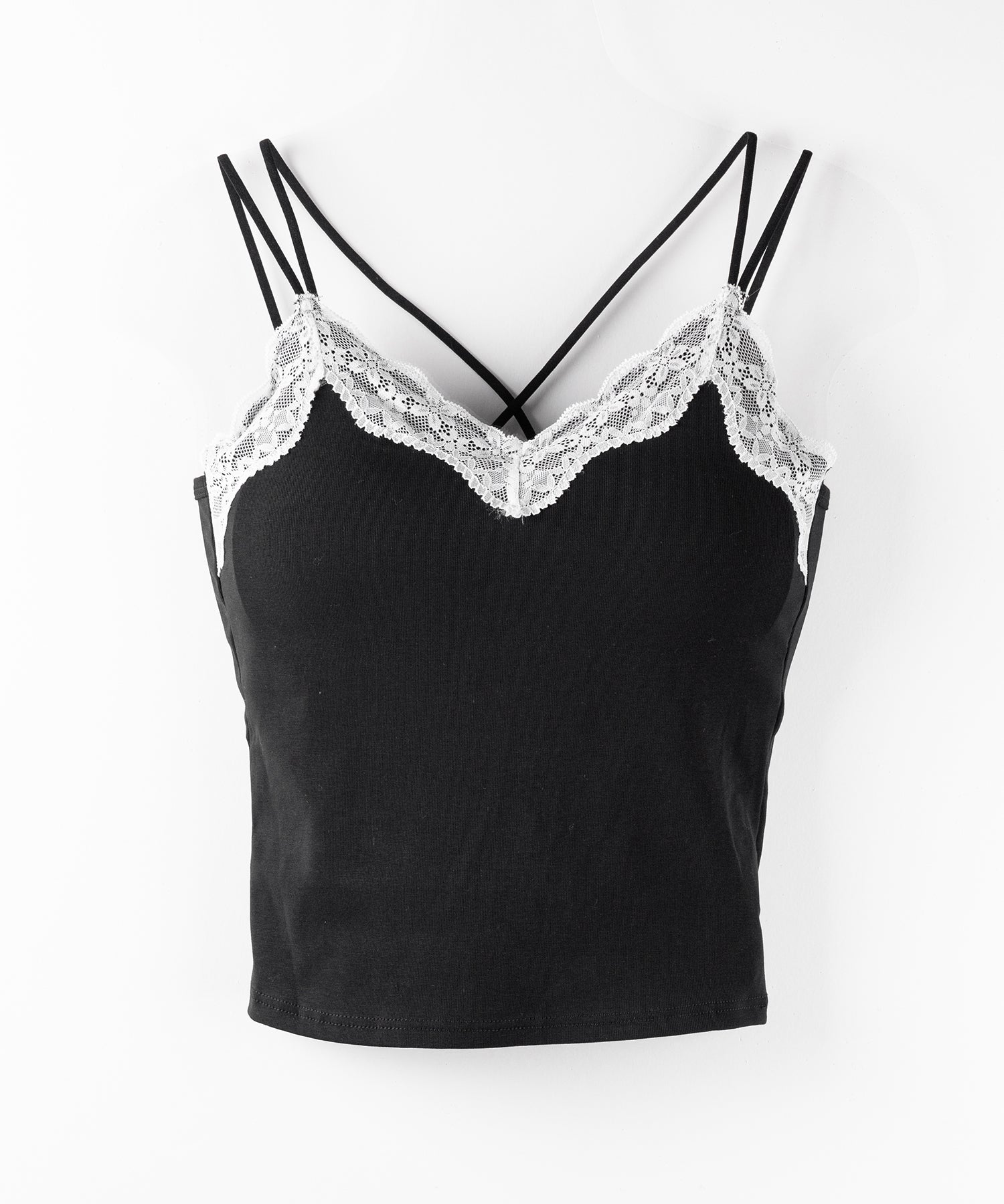 【 新色ピンク追加!カップ付き 】配色レースクロップドリブキャミソール / bicolor lace cropped rib camisole