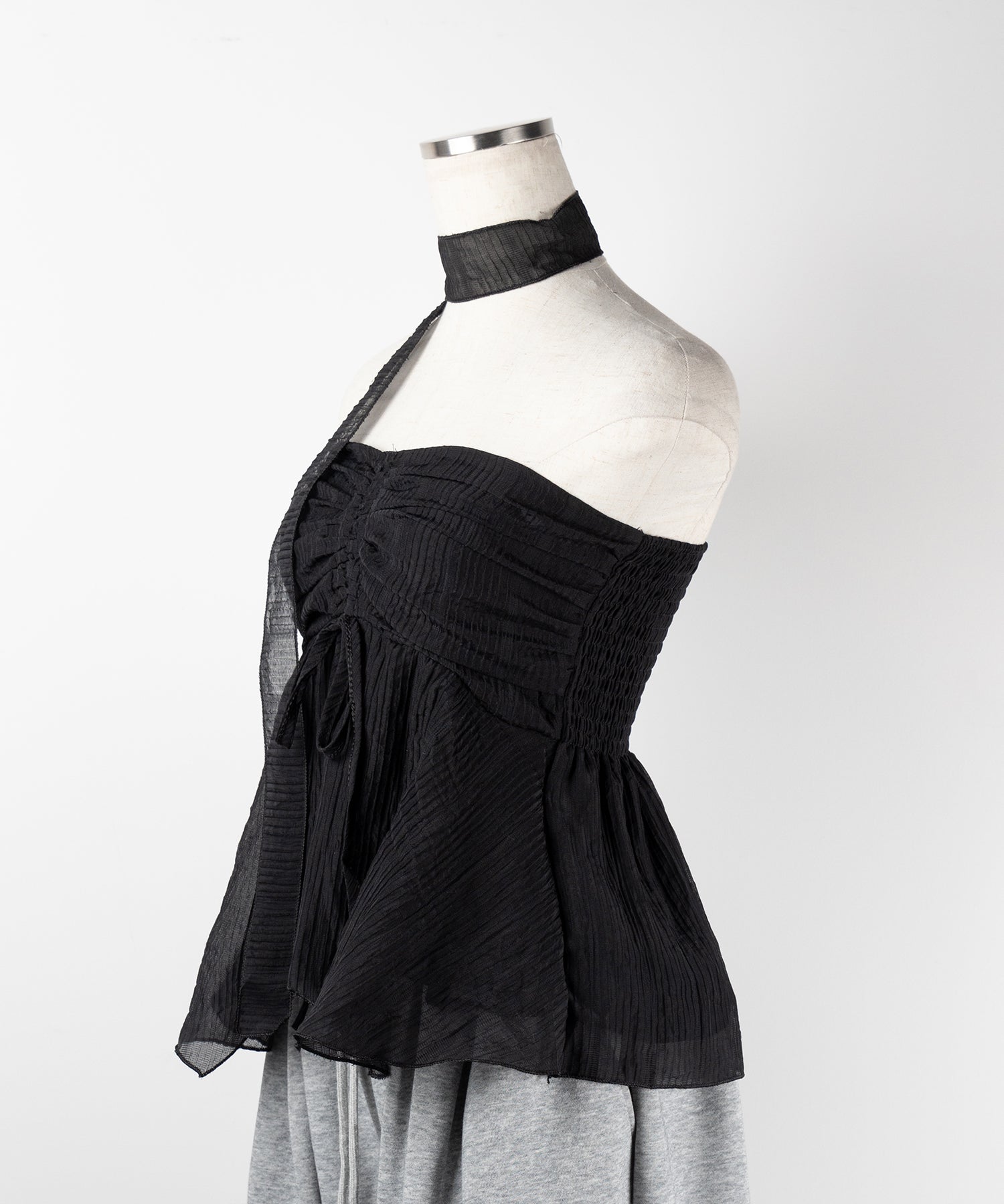 【 チョーカータイ付 】シャーリングリボンペプラムシフォンビスチェトップス / choker tie set shirring ribbon peplum chiffon bustier tops