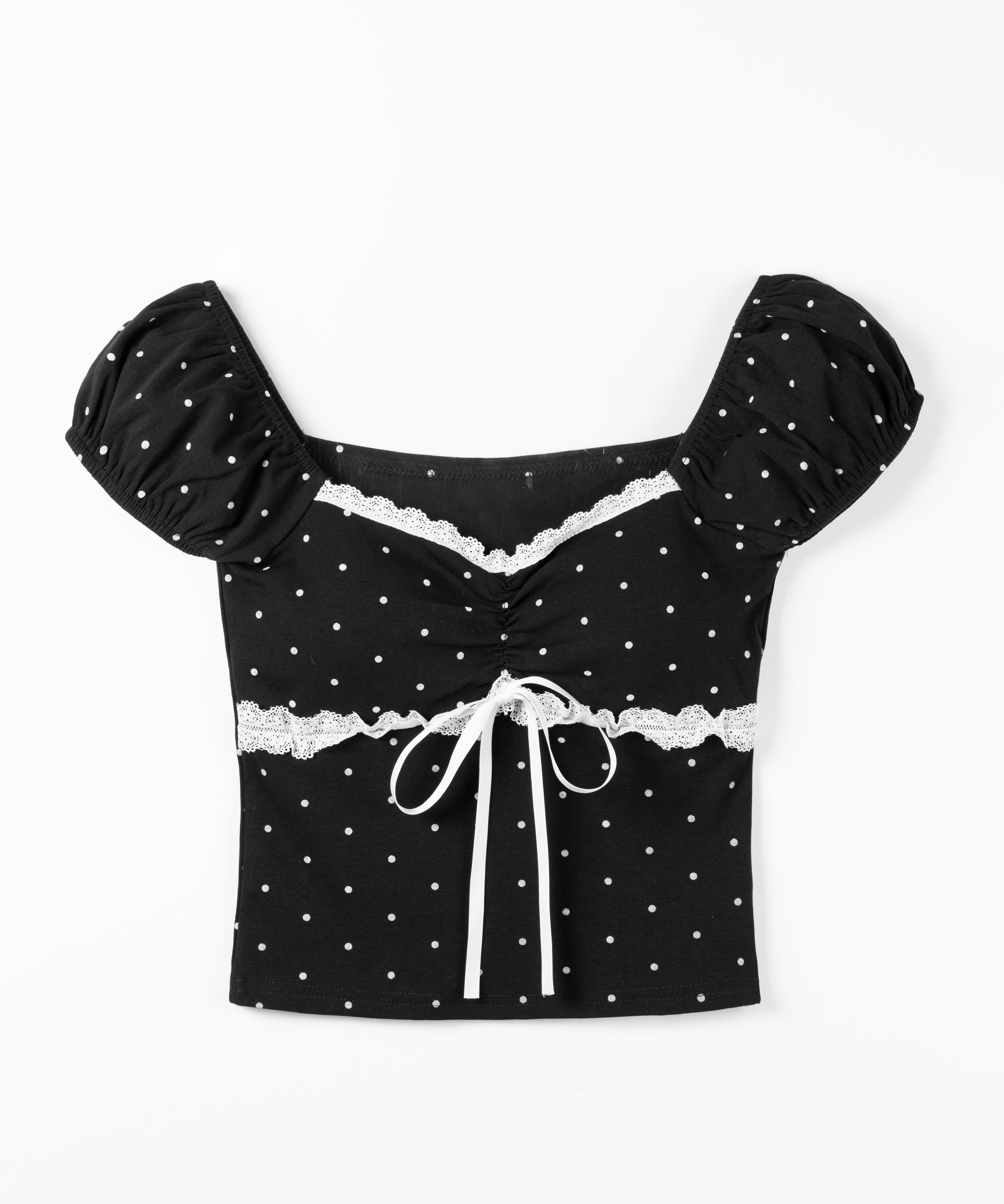 ドットレースリボンギャザーオフショルトップス / dot lace ribbon gathered off shoulder tops