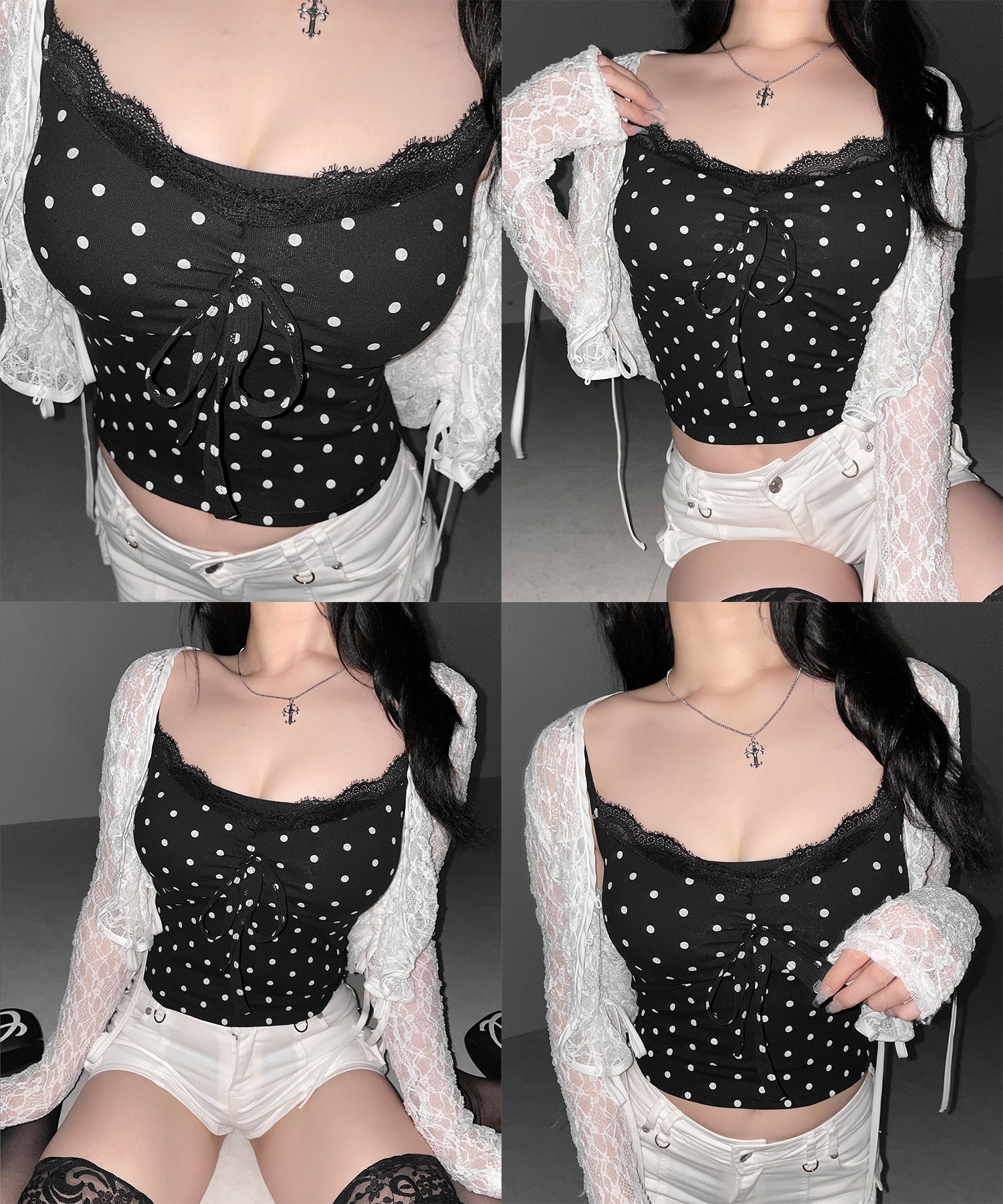 ドットレースフロントリボンキャミソール / Dot lace front ribbon camisole