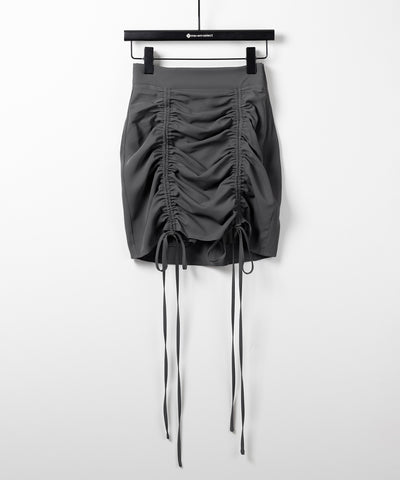 【 インパン裏地付 / セルフカット調節可能 】 ストラップダブルリボンシャーリングミニスカート / strap double ribbon shirring mini skirt