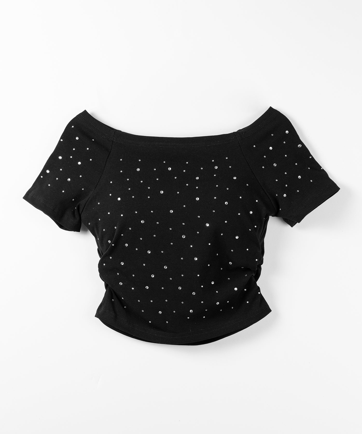 ラインストーンオフショルスリムTシャツ / Rhine stone off shoulder slim T-shirts