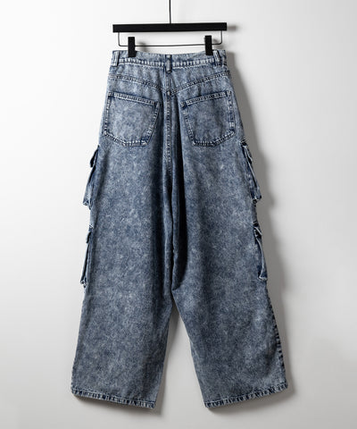 【 デニムセットアップ着用可能 】ヴィンテージケミカルブリーチヘビーワイドカーゴデニム / vintage chemical bleach heavy wide cargo denim