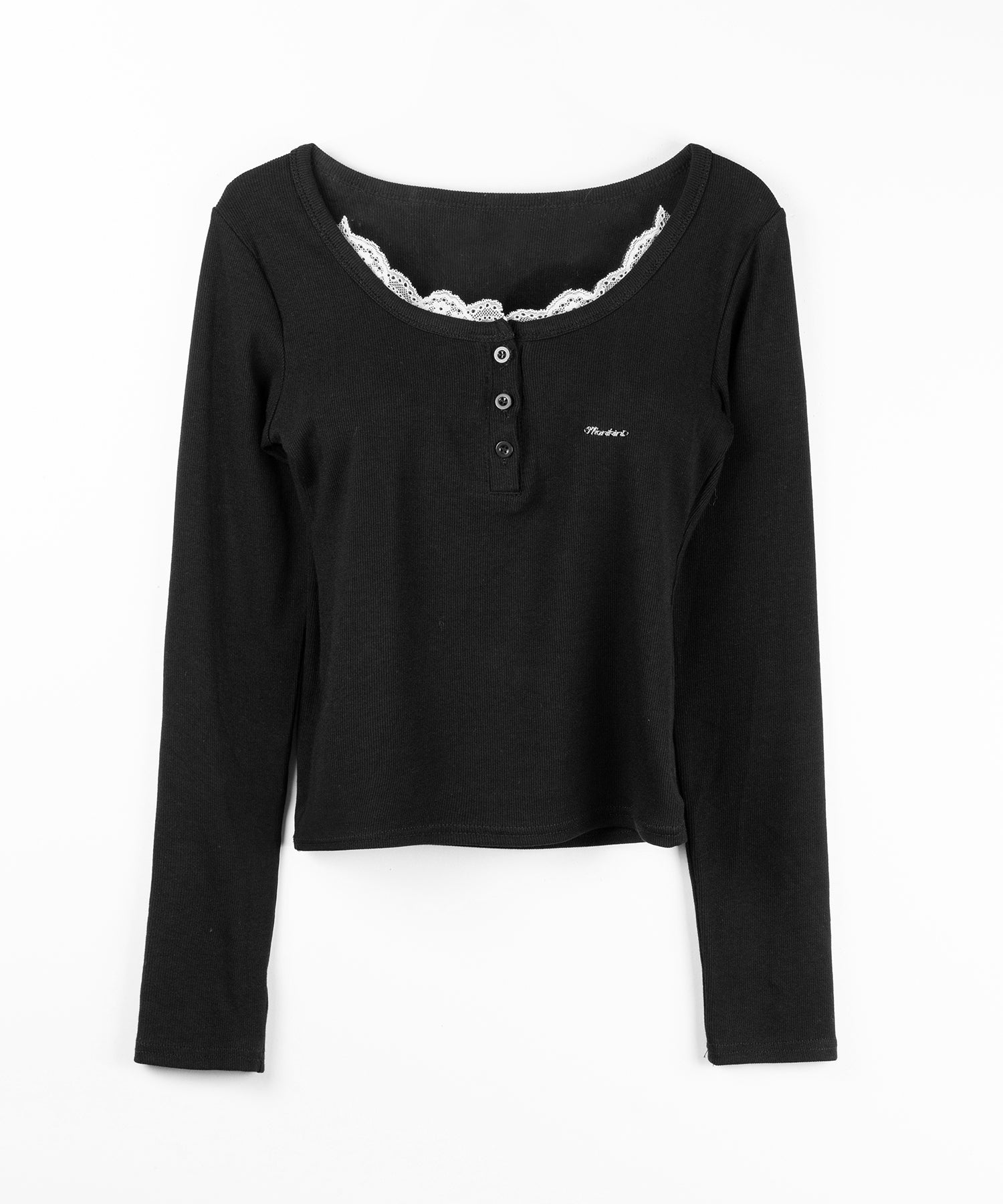 ヘンリーネックロゴプレートレースリブトップス / henley neck logo plate lace ribbed tops