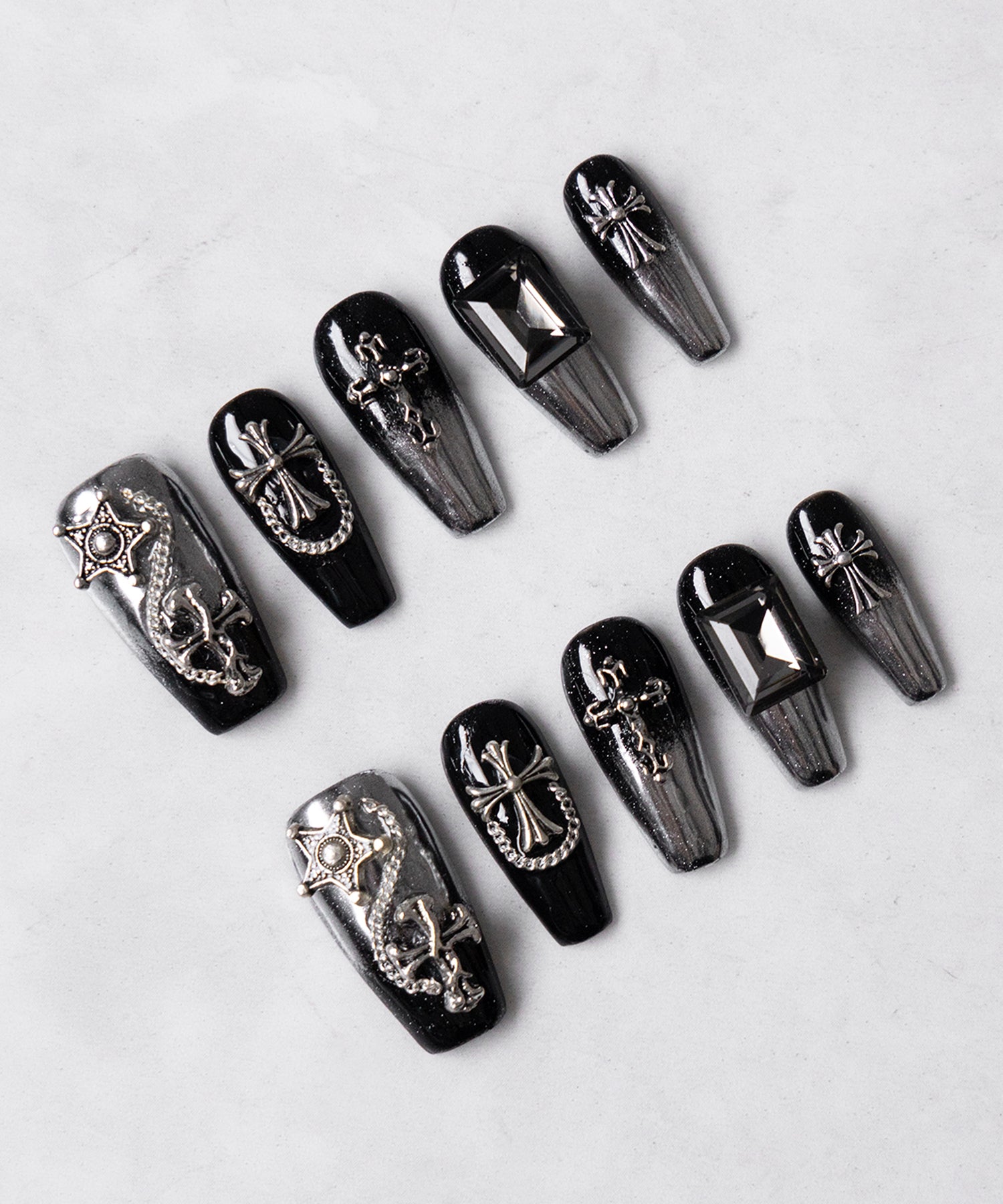 チェーンクロスブラックミラースクエアネイルチップ / chain cross black mirror square nail tips