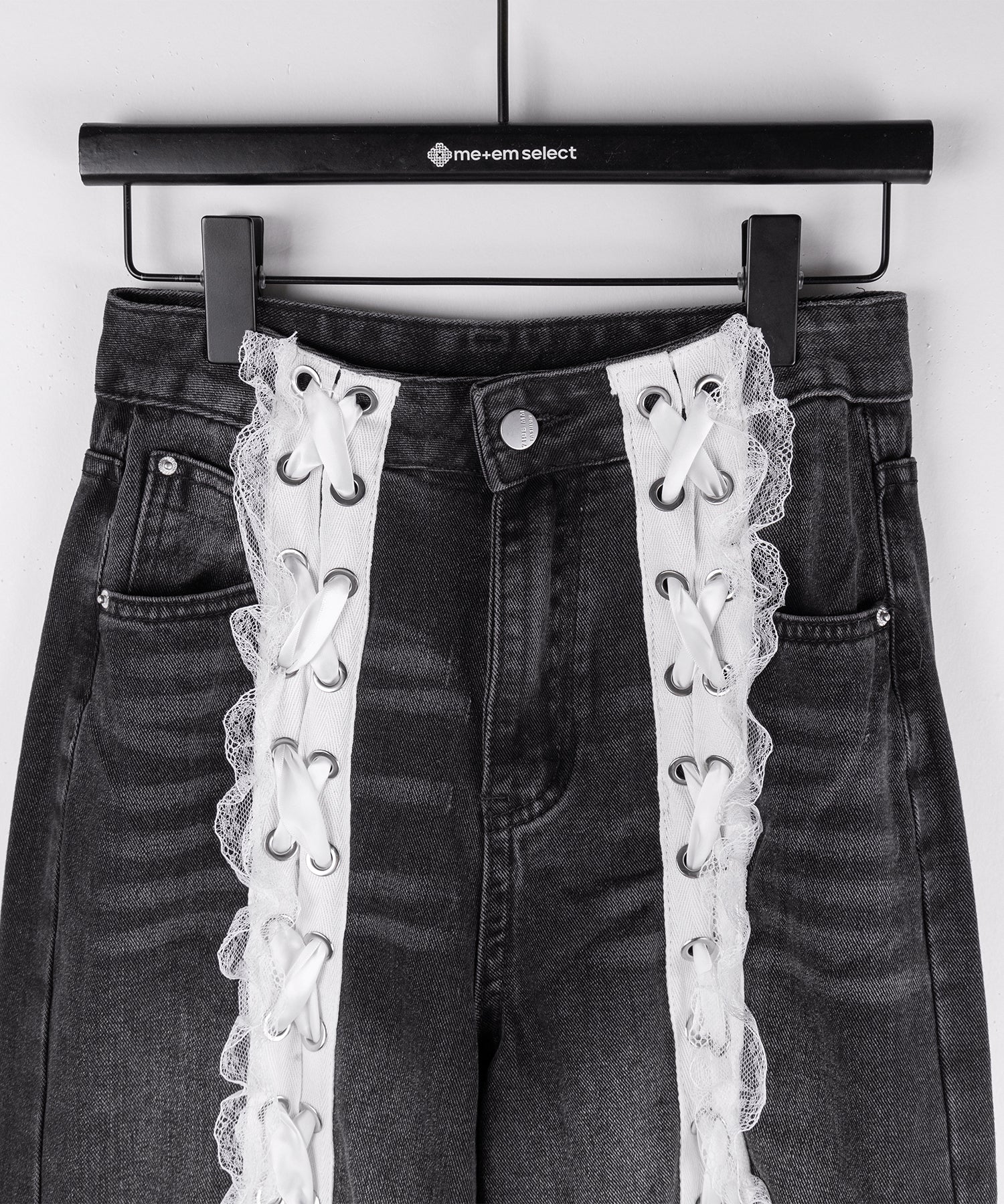 サテンリボンレースアップワイドデニムパンツ / satin ribbon lace up wide denim pants