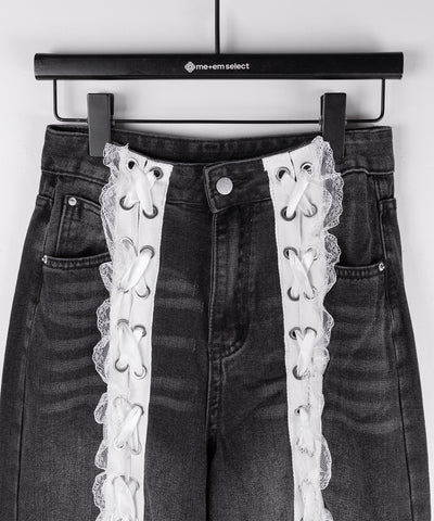 サテンリボンレースアップワイドデニムパンツ / satin ribbon lace up wide denim pants