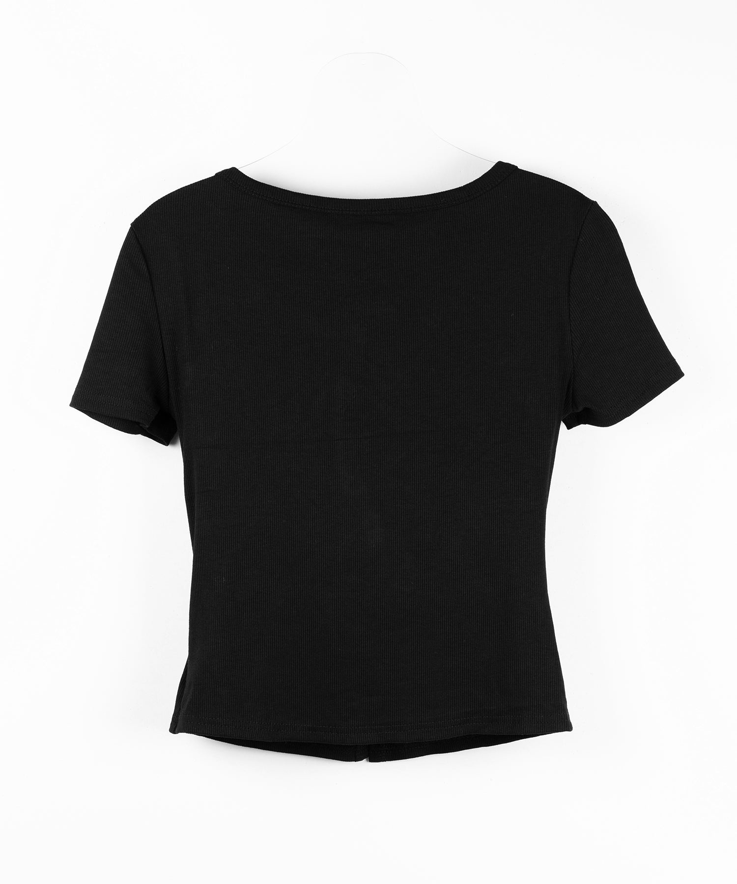 フロントリボンレースレイヤード半袖リブトップス /front ribbon lace layered short sleeve rib tops