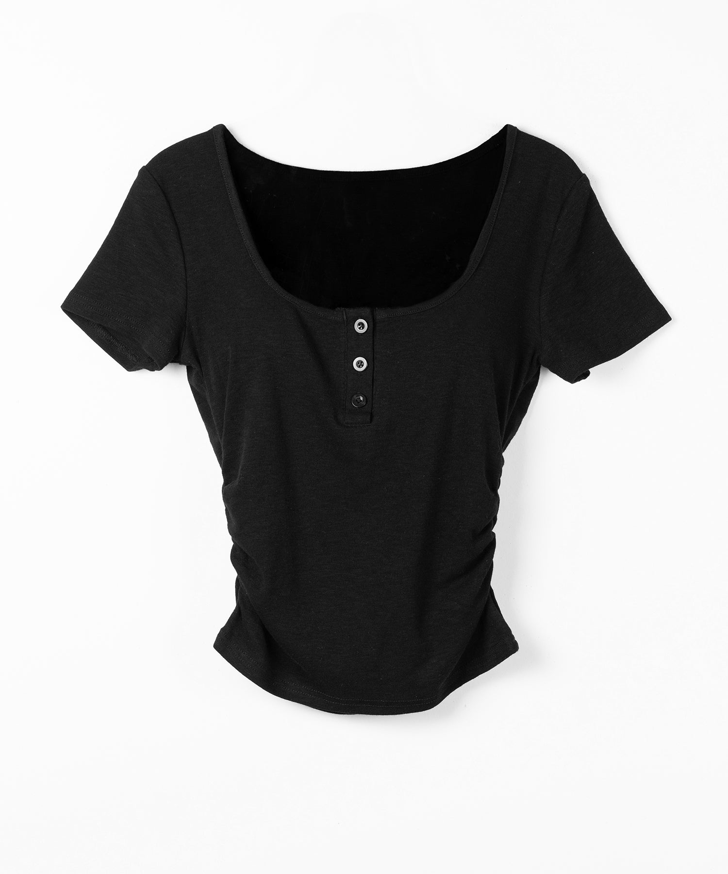 ヘンリーネックスクエアギャザー半袖Tシャツ /henley neck square gather short sleeve T-Shirt