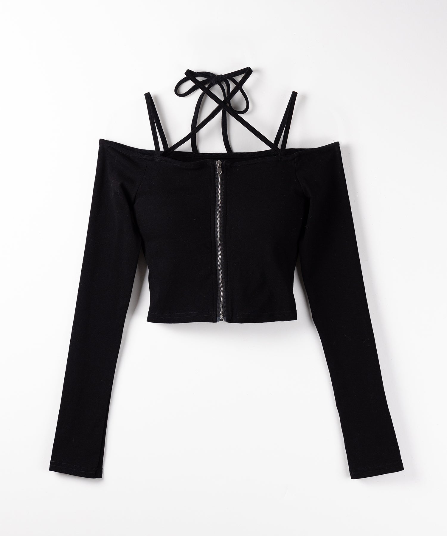 【 カップ付 】フロントジップクロスストラップオフショルトップス / front zip cross straps off-shoulder tops
