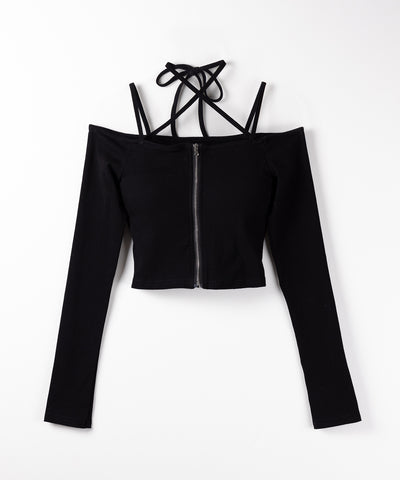 【 カップ付 】フロントジップクロスストラップオフショルトップス / front zip cross straps off-shoulder tops
