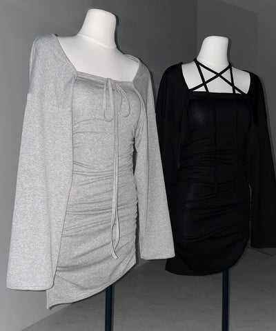 【 2点セット 】シャーリングタイトミニワンピ &フロントリボンショートカーディガン ワンホンセットアップ / shirring tight mini onepiece & front ribbon short cardigan wanghong setup