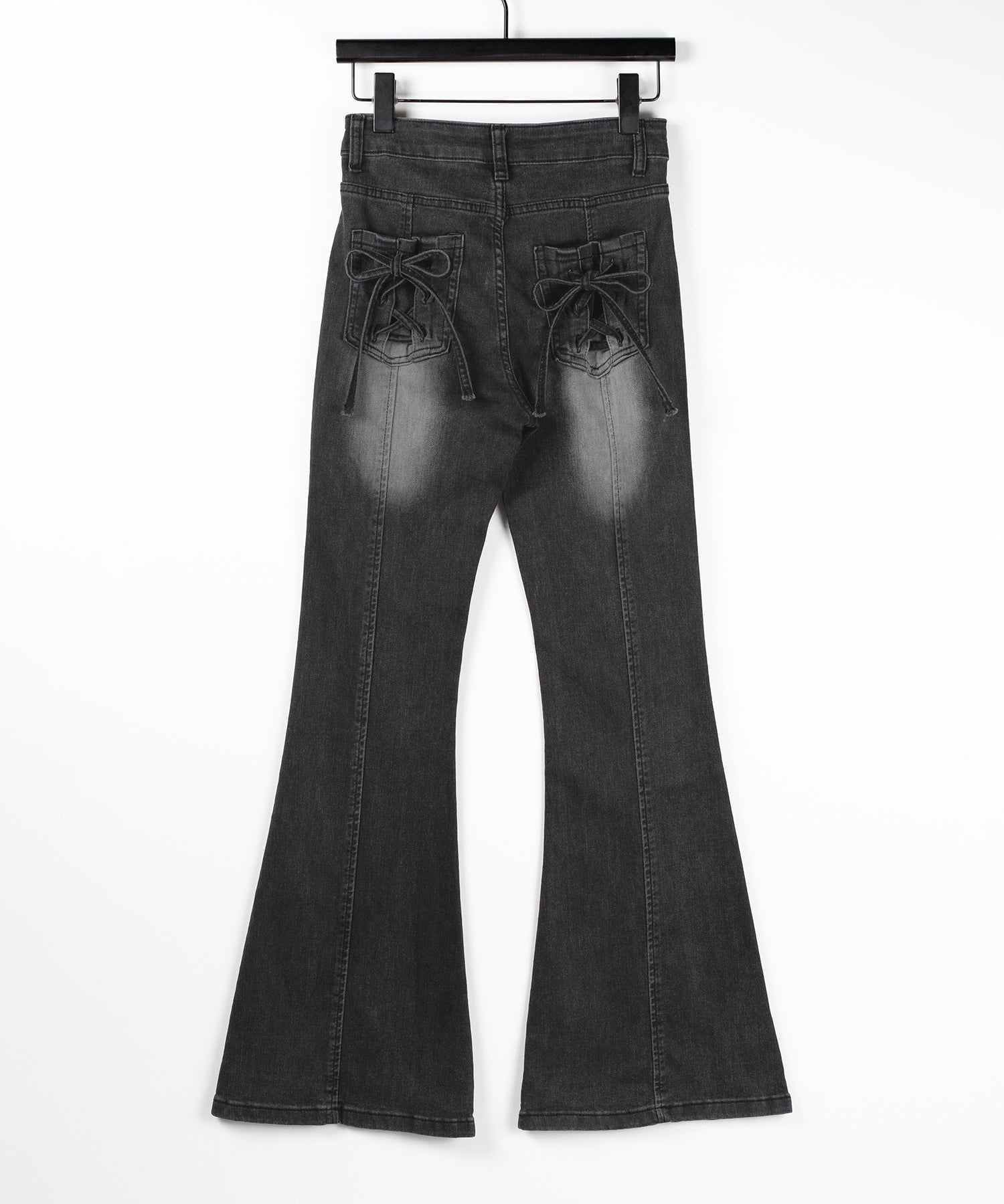 【4size 】バックリボンレースアップ美脚ストレッチフレアデニム / back ribbon lace up slim leg stretch flare denim