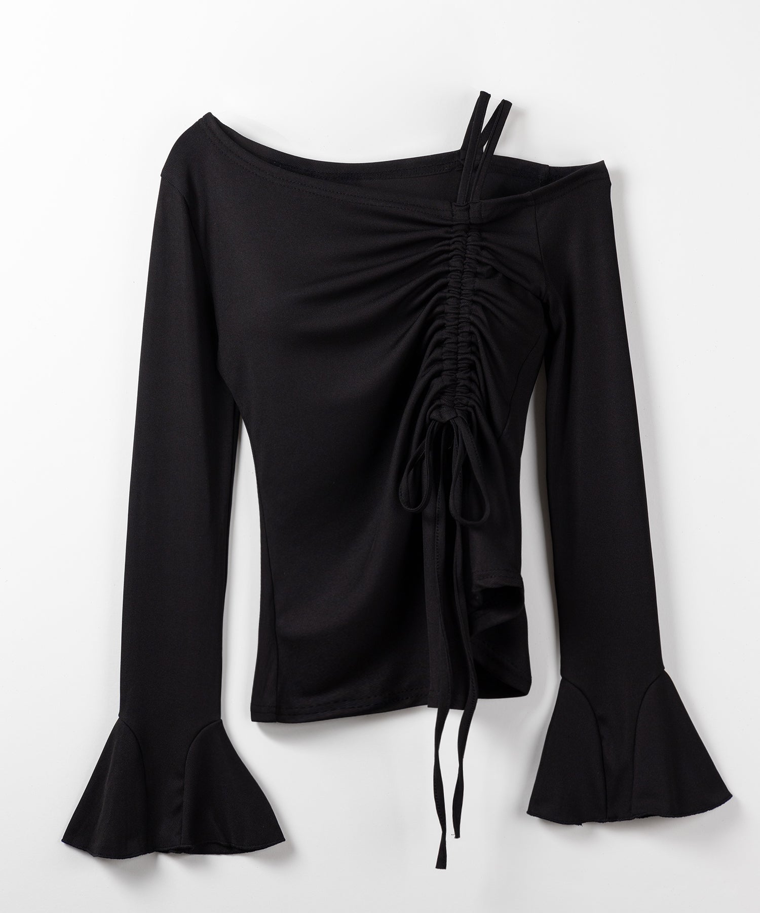 シャーリングリボンスリットワンショルダートップス / shirring ribbon slit one shoulder tops