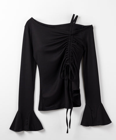 シャーリングリボンスリットワンショルダートップス / shirring ribbon slit one shoulder tops