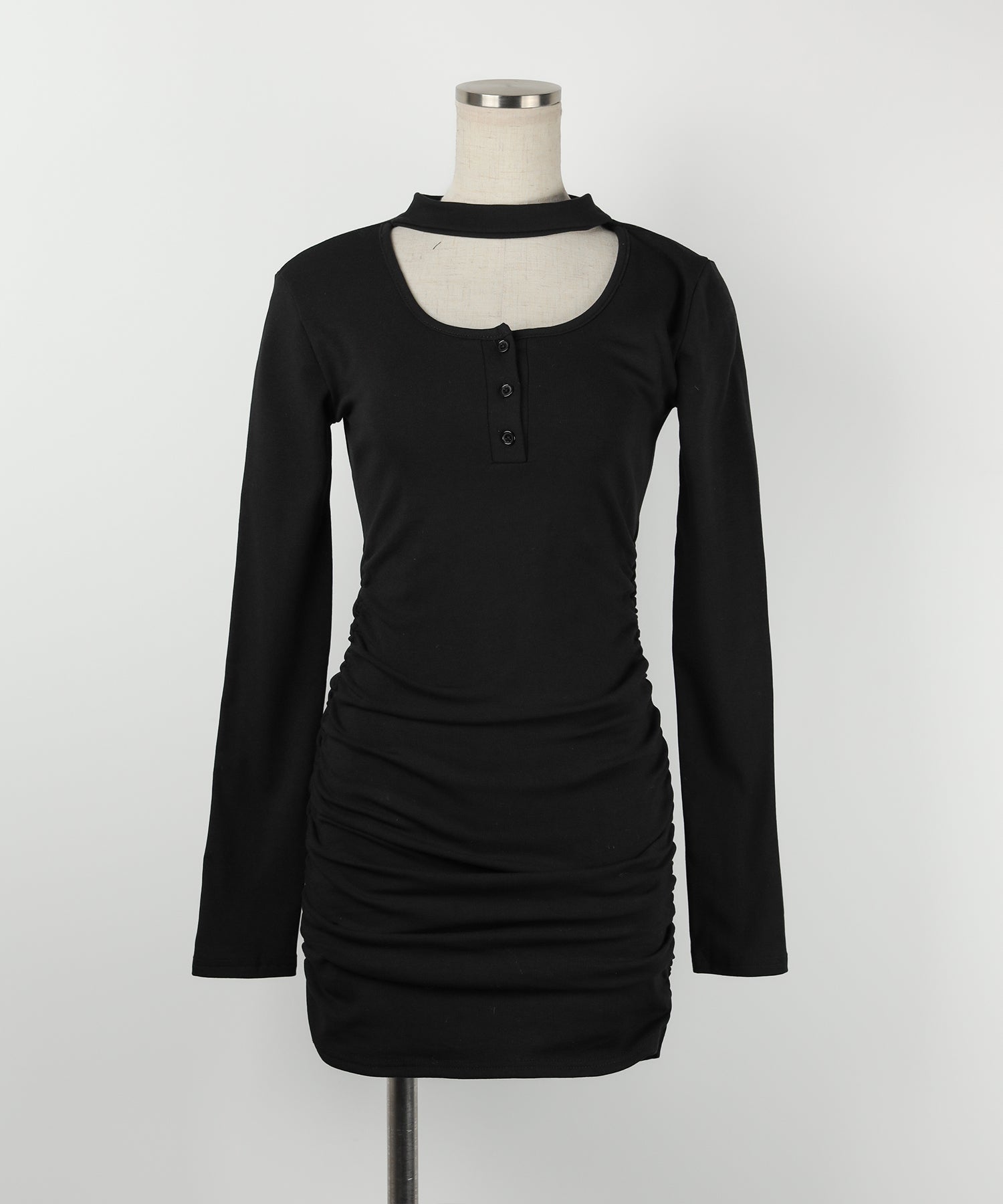【 3color / 裏起毛 】チョーカーネックシャーリングミニワンピース / choker neck shirring mini onepiece