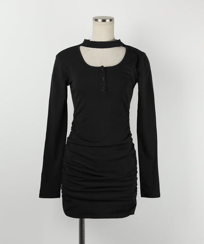 【 3color / 裏起毛 】チョーカーネックシャーリングミニワンピース / choker neck shirring mini onepiece