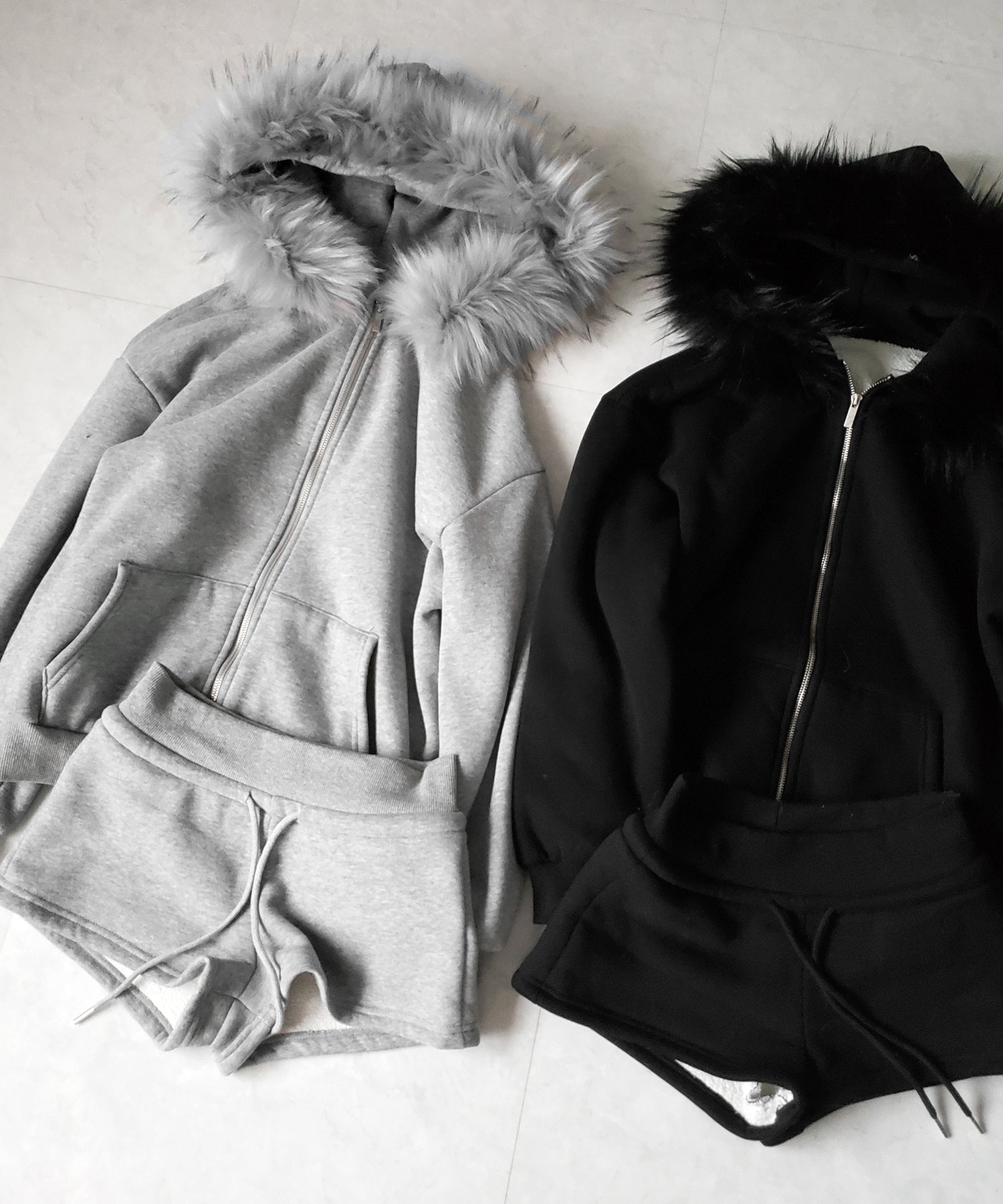 【 セットアップ 】裏起毛ファーフードオーバージップパーカー&スウェットショートパンツ / Urakimo fur over zip hoodie & sweat short pants SETUP