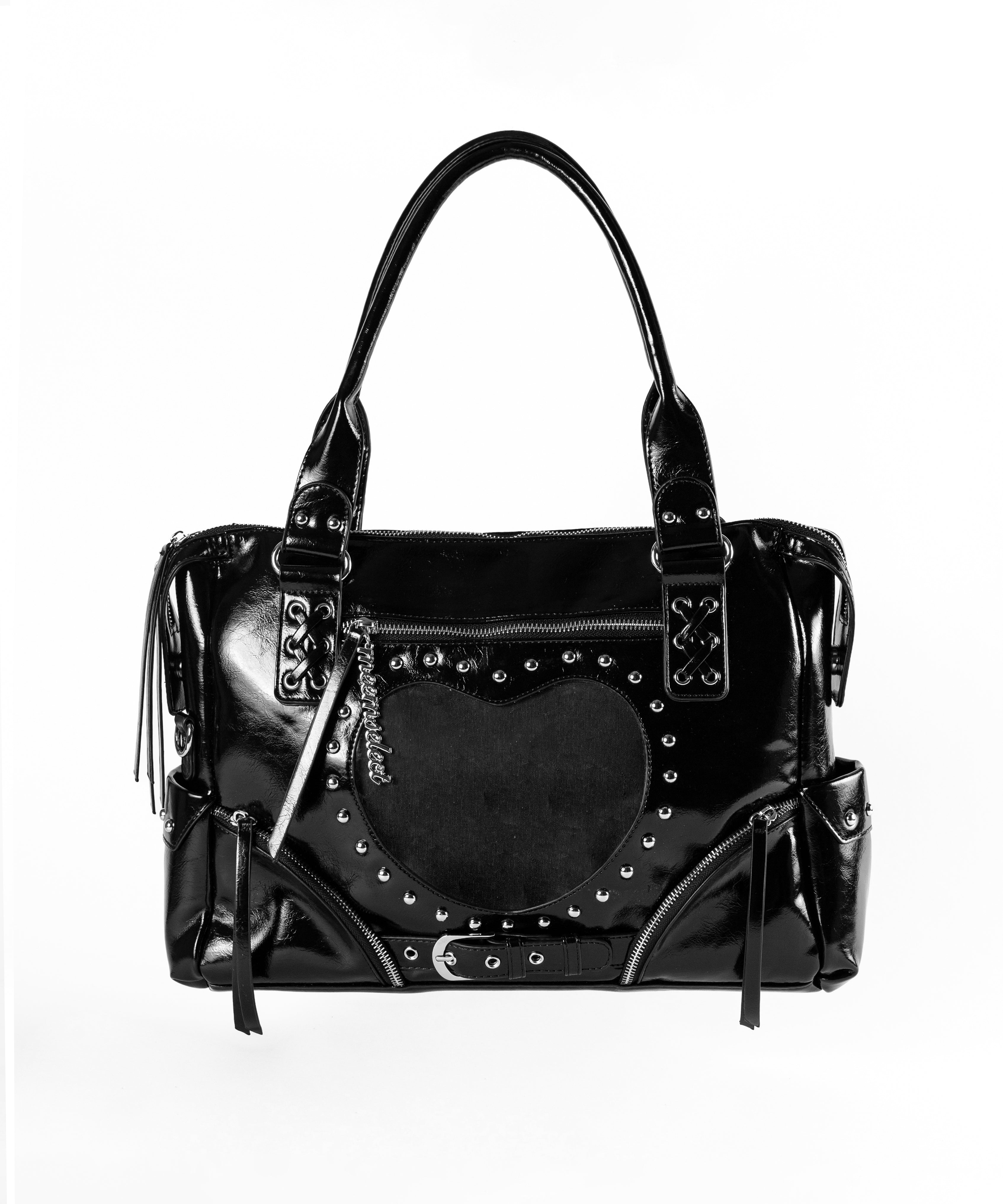 【 限定先行販売 】ハートクリアポケットスタッズフェイクレザートートバッグ / heart clear pocket studs fake leather tote bag