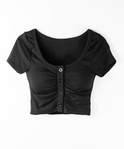 フロントボタンスクエアネックギャザースリムTシャツ / front button square neck gather slim T-shirt