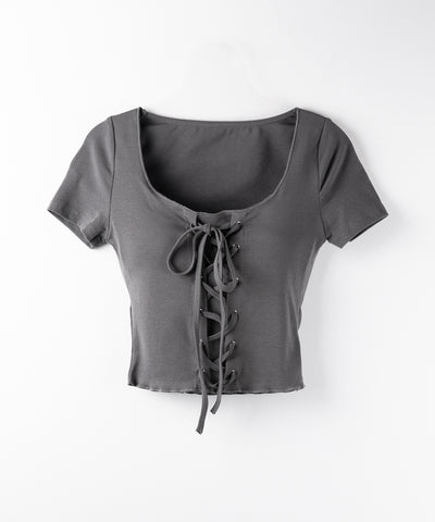 レースアップフロントリボン半袖ショートTシャツ / lace up front ribbon short sleeve short slim T-shirt