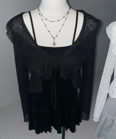 【 2点セット 】フレアキャミワンピ &シアーフリルリボンカーディガン ワンホンセットアップ / flare camisole onepiece & sheer frill ribbon cardigan wanghong SETUP