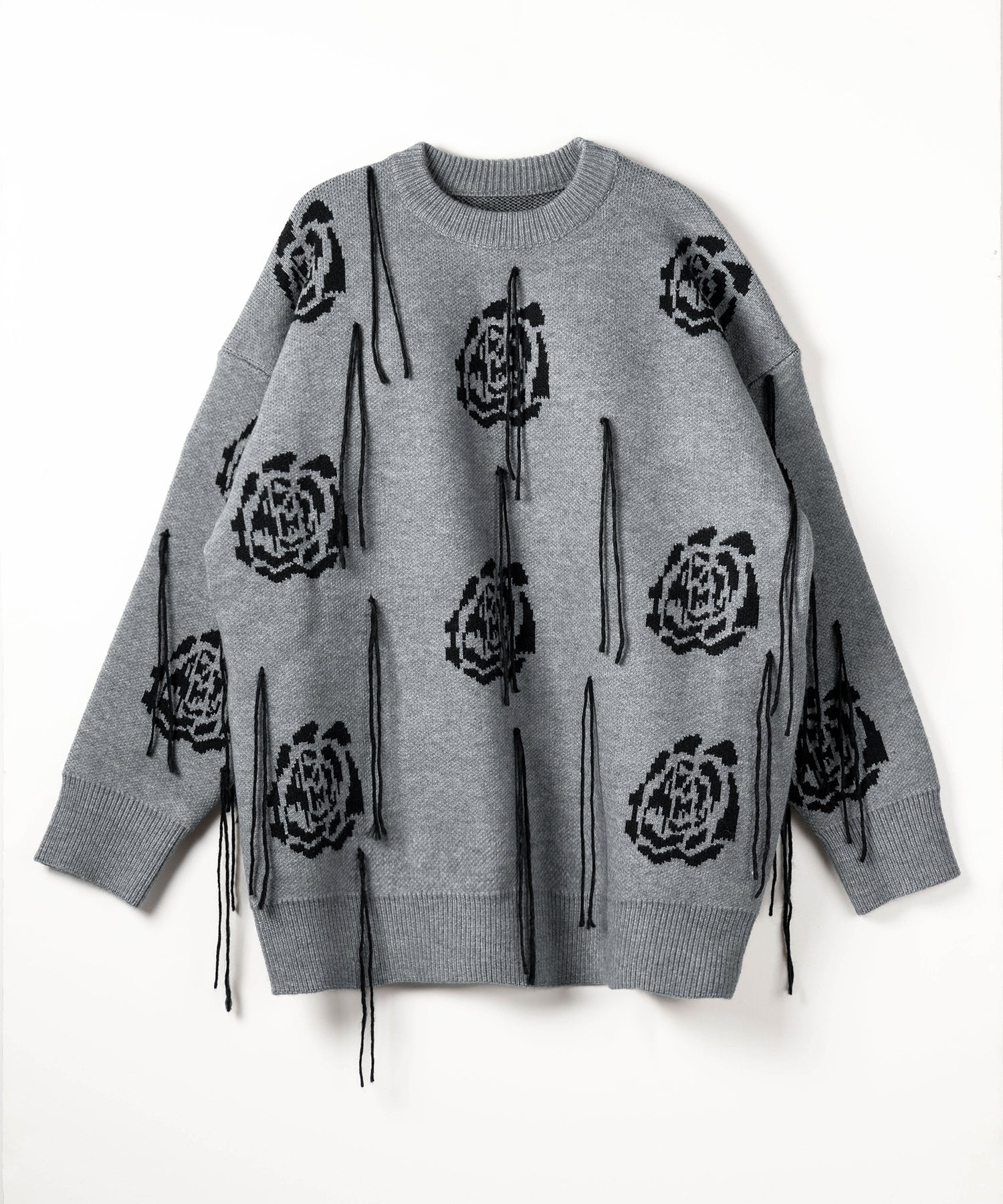 バラジャガードフリンジビッグシルエットニット / rose jacquard fringe big silhouette knit