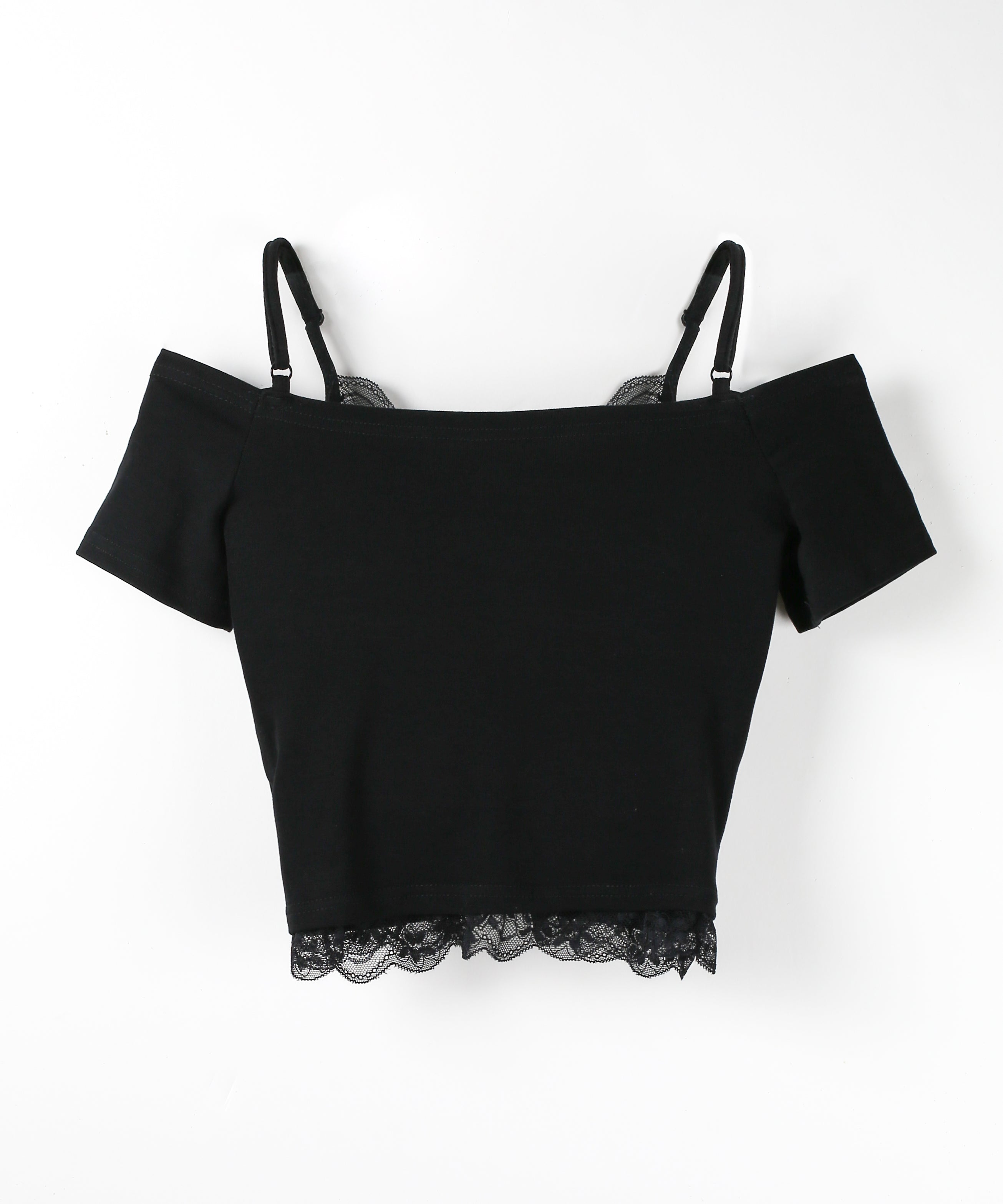 レースドッキングシャーリング半袖オフショルトップス / lace docking shirring short-sleeved off-shoulder tops