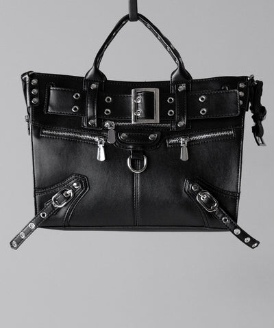 【 ショルダーストラップ付き2WAY 】アイレットベルトジップアップスクエアフォルムハンドバッグ / ( 2WAY ) eyelet belt zipup square form handbag