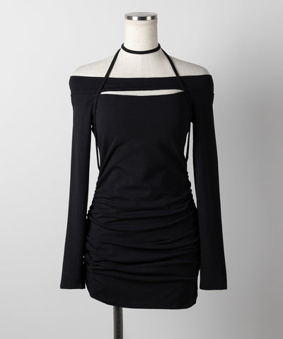 【 2WAY 】クロスストラップリボンカットアウトオフショルミニワンピース / cross strap ribbon cutout offshoulder mini onepiece