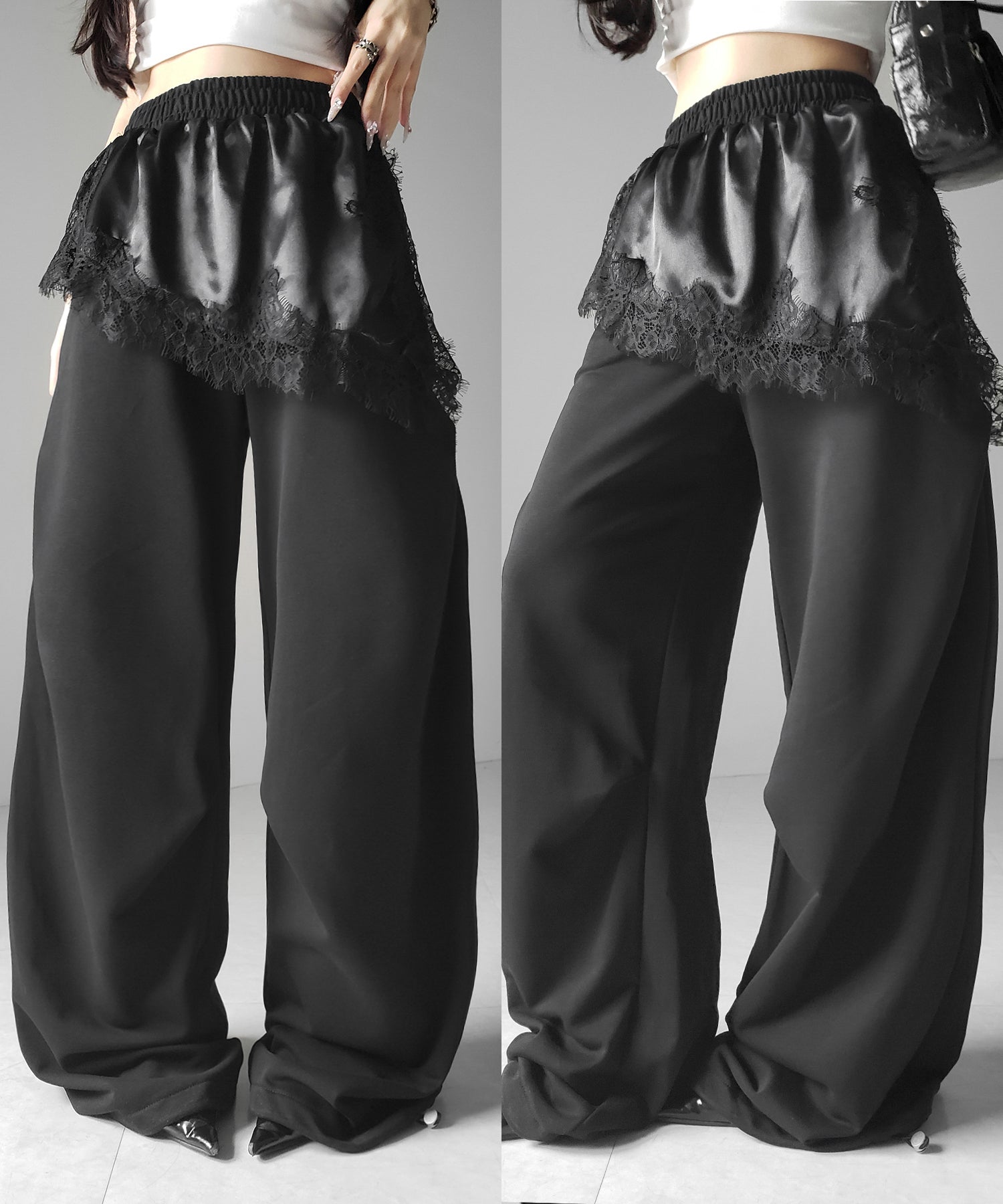 レースドッキングレイヤードスウェットワイドパンツ / lace docking layered sweat wide pants